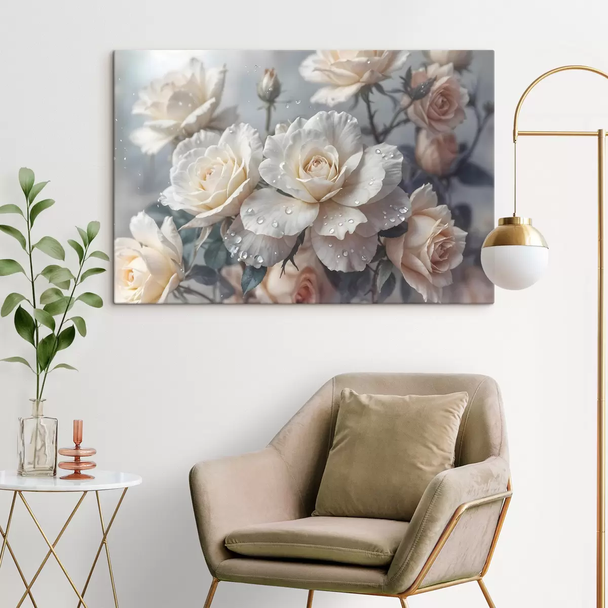 murales de pared Un grupo de rosas blancas con gotas de agua en los pétalos, algunas hojas verdes, fondo apagado, luz suave s43163