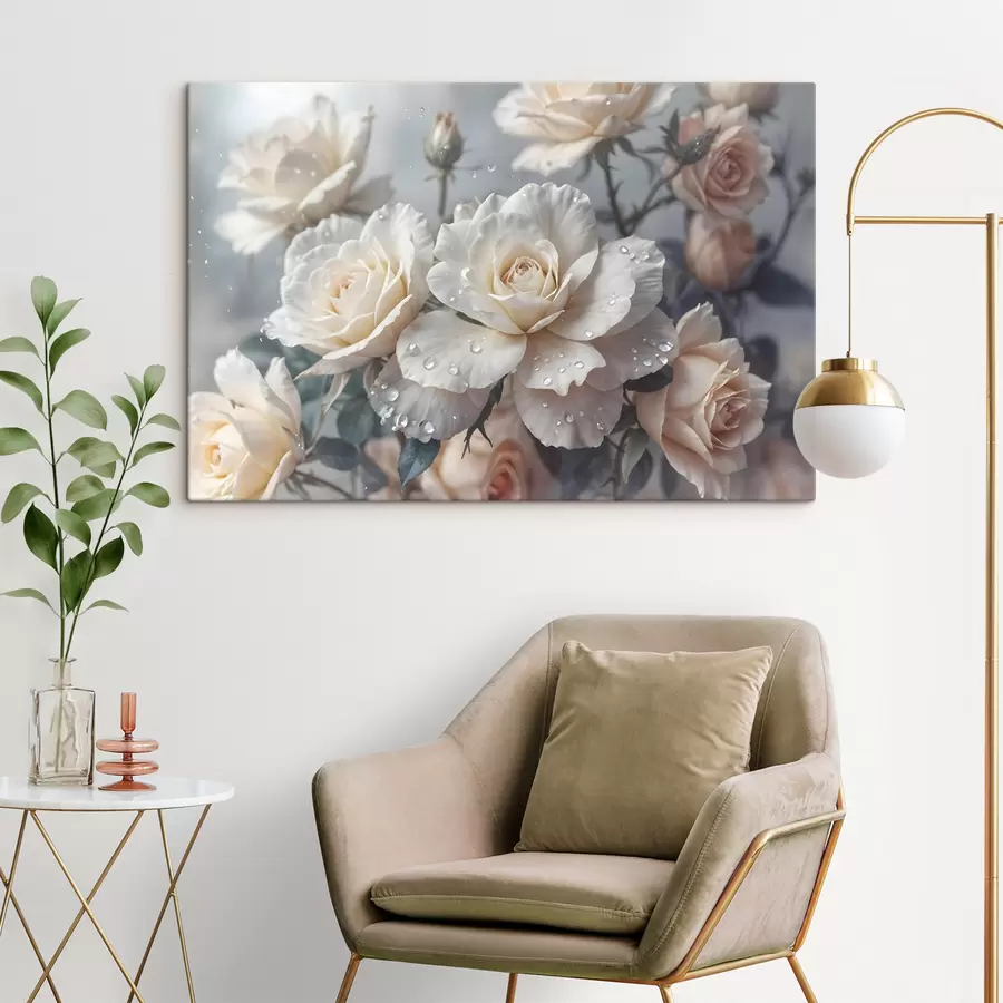 murales de pared Un grupo de rosas blancas con gotas de agua en los pétalos, algunas hojas verdes, fondo apagado, luz suave s43163