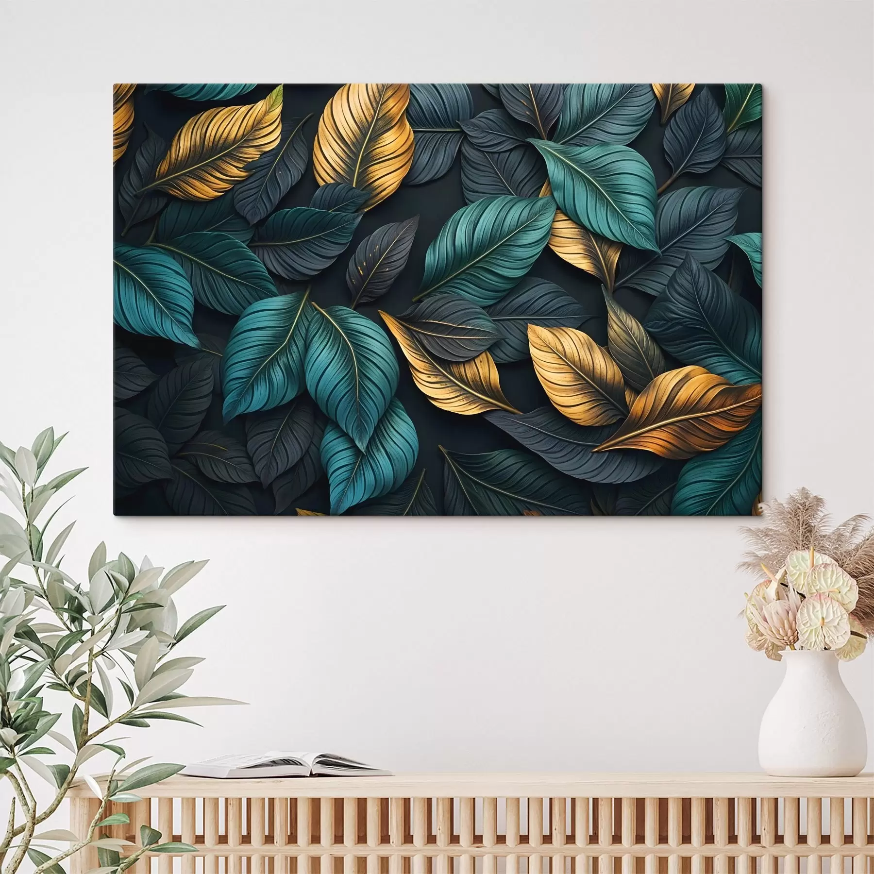 murales de pared Hojas verde oscuro, amarillo y negro con venas oscuras, en un fondo oscuro, elegante ambiente tropical s43164