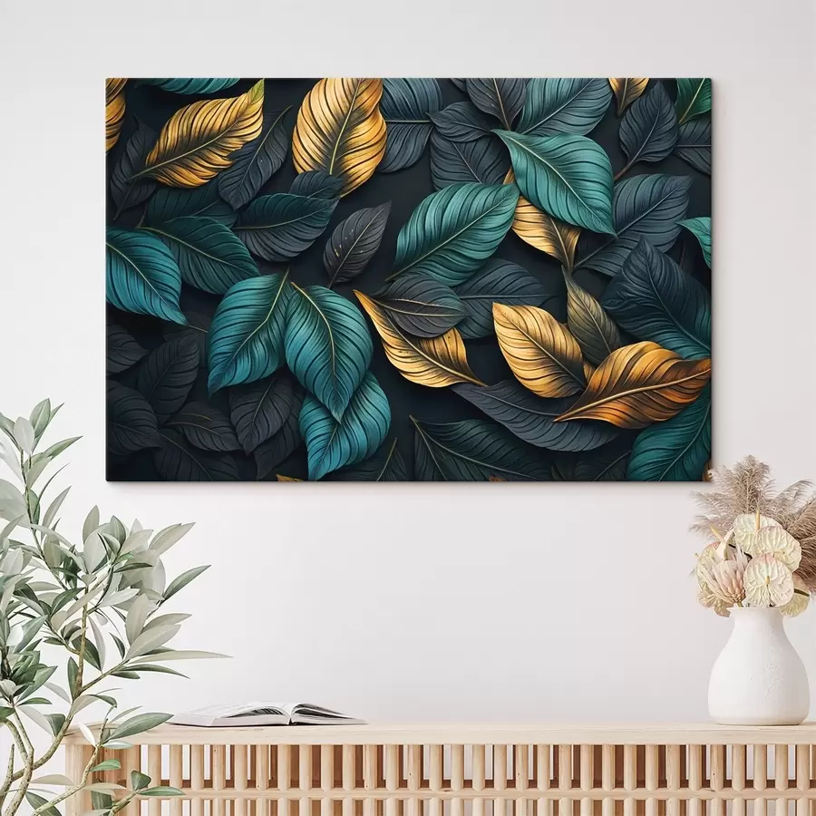 murales de pared Hojas verde oscuro, amarillo y negro con venas oscuras, en un fondo oscuro, elegante ambiente tropical s43164