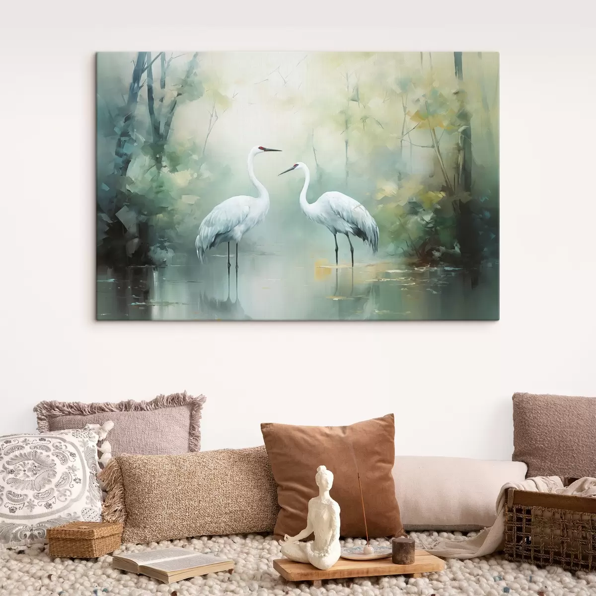 murales de pared Dos grullas blancas de pie en un estanque , rodeado de un frondoso bosque verde con iluminación suave y difusa s43166