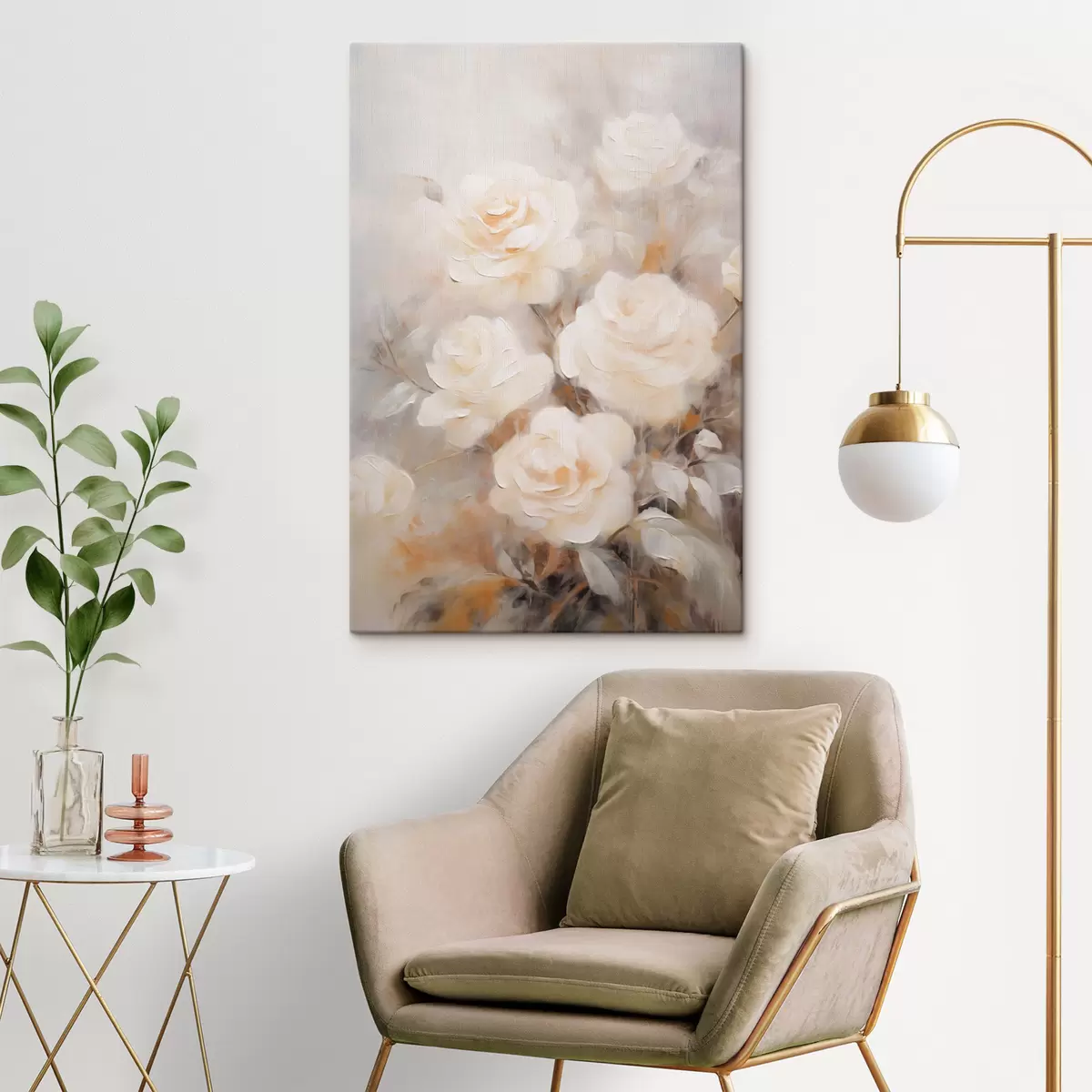 murales de pared Rosas blancas de pétalos suaves, con un fondo de colores apagados y formas difuminadas, creando un efecto de ensueño s43177