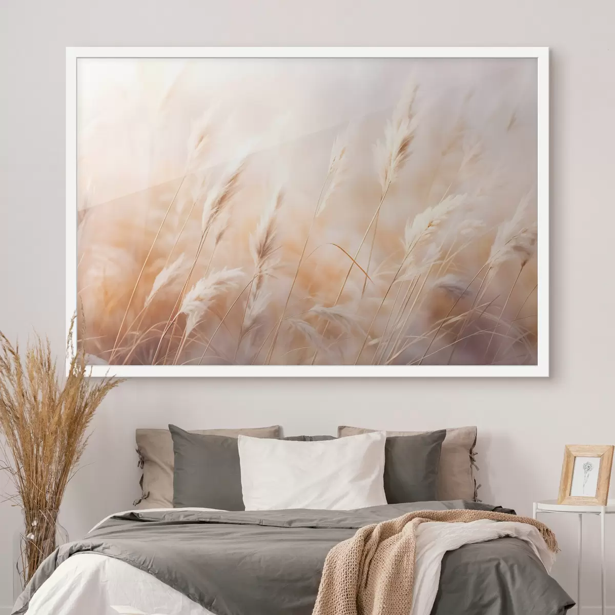 Poster Hierba de la Pampa con una luz suave y difusa, creando un ambiente cálido, el fondo es una mezcla de colores pastel f43157