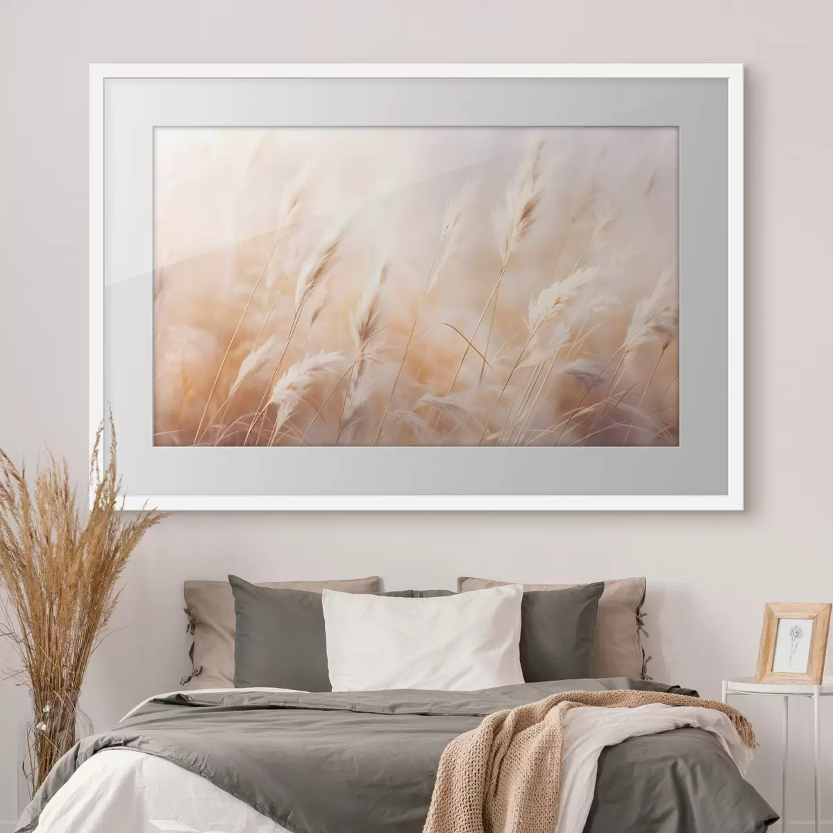 Poster Hierba de la Pampa con una luz suave y difusa, creando un ambiente cálido, el fondo es una mezcla de colores pastel f43157