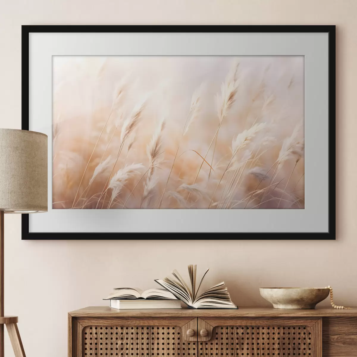 Poster Hierba de la Pampa con una luz suave y difusa, creando un ambiente cálido, el fondo es una mezcla de colores pastel f43157