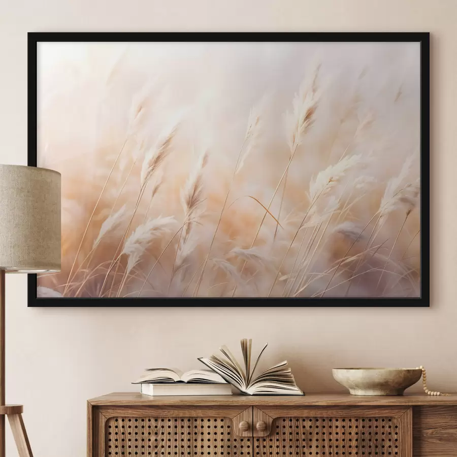 murales de pared Hierba de la Pampa con una luz suave y difusa, creando un ambiente cálido, el fondo es una mezcla de colores pastel f43157