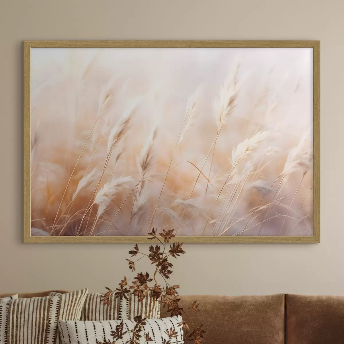 Poster Hierba de la Pampa con una luz suave y difusa, creando un ambiente cálido, el fondo es una mezcla de colores pastel f43157