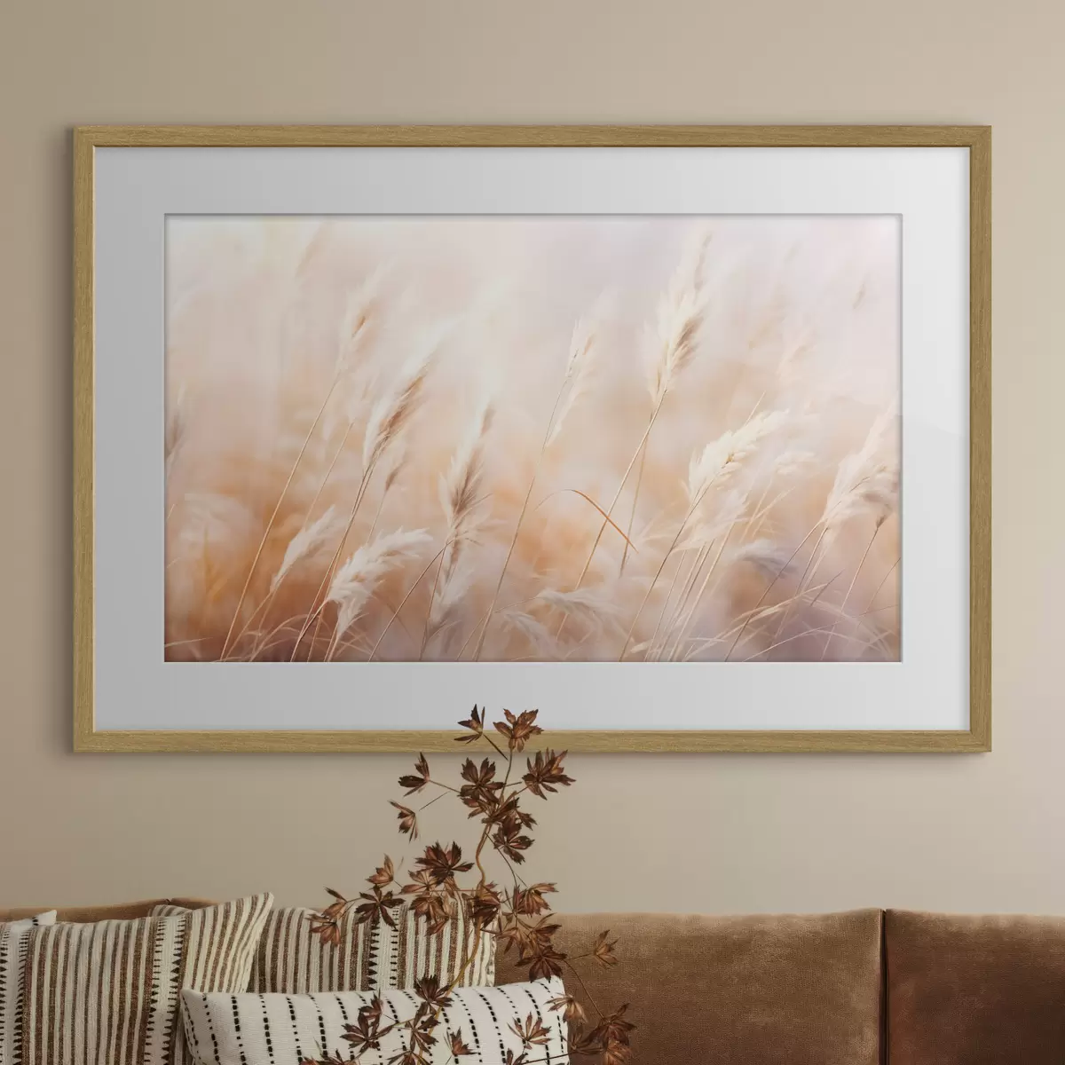 Poster Hierba de la Pampa con una luz suave y difusa, creando un ambiente cálido, el fondo es una mezcla de colores pastel f43157