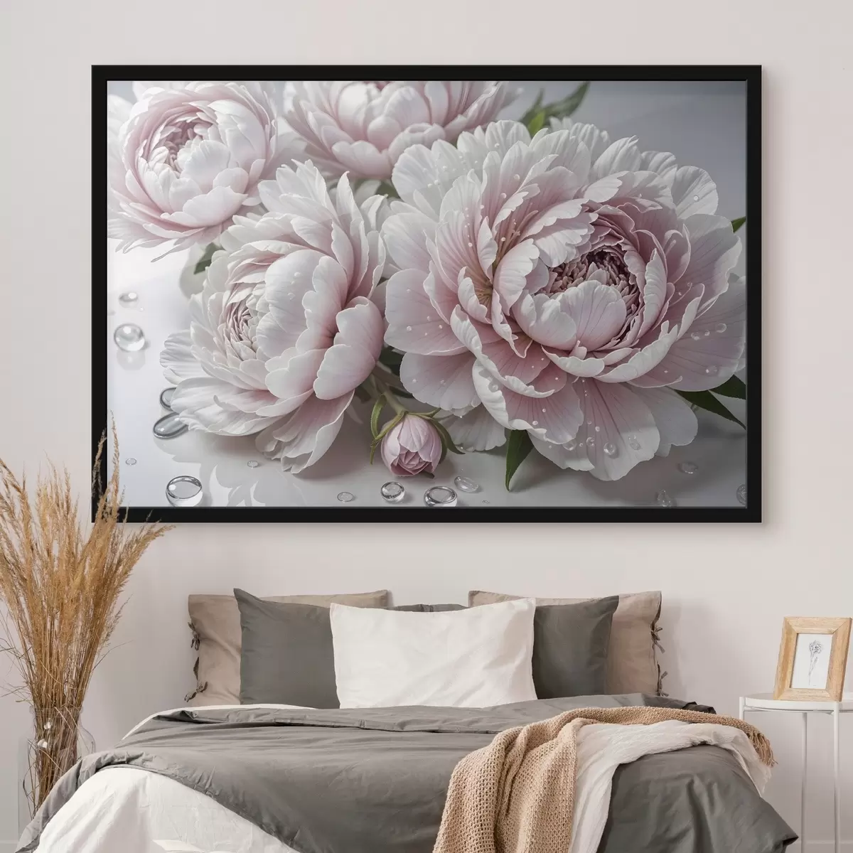 Poster Peonías de color rosa claro y blanco con gotas de agua en los pétalos, el fondo es una superficie blanca f43158