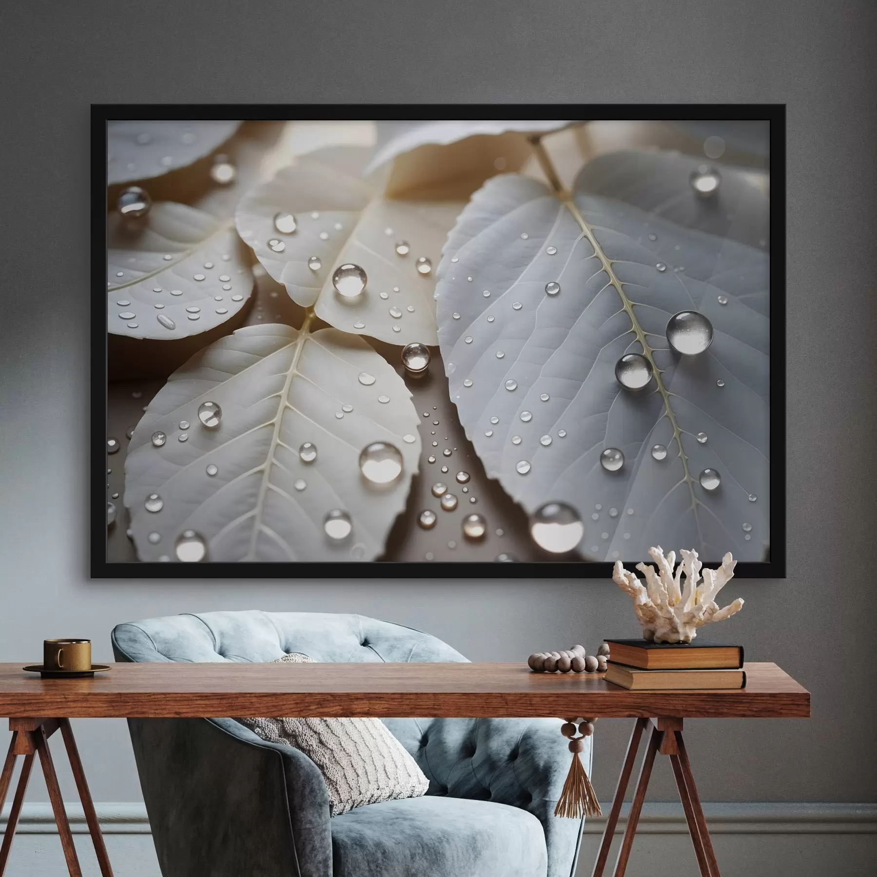 murales de pared Primer plano de hojas blancas cubiertas de gotas de agua, una composición minimalista, fondo neutro f43159