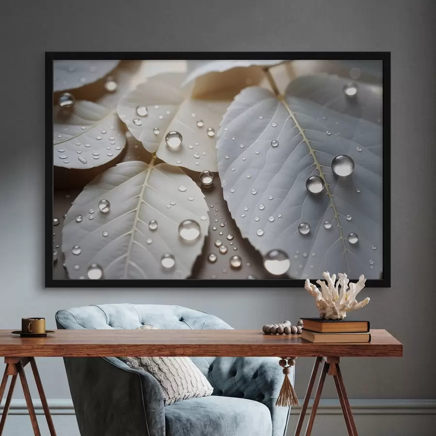 murales de pared Primer plano de hojas blancas cubiertas de gotas de agua, una composición minimalista, fondo neutro f43159