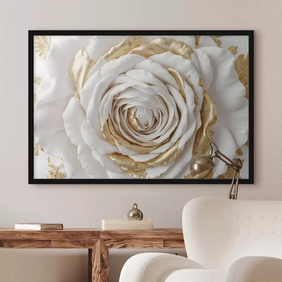 murales de pared Una rosa decorativa minimalista blanca con detalles amarillos, los pétalos están en capas y rizados f43160