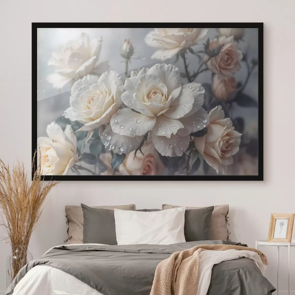 Poster Un grupo de rosas blancas con gotas de agua en los pétalos, algunas hojas verdes, fondo apagado, luz suave f43163