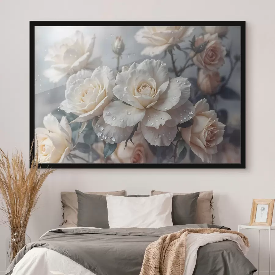 murales de pared Un grupo de rosas blancas con gotas de agua en los pétalos, algunas hojas verdes, fondo apagado, luz suave f43163