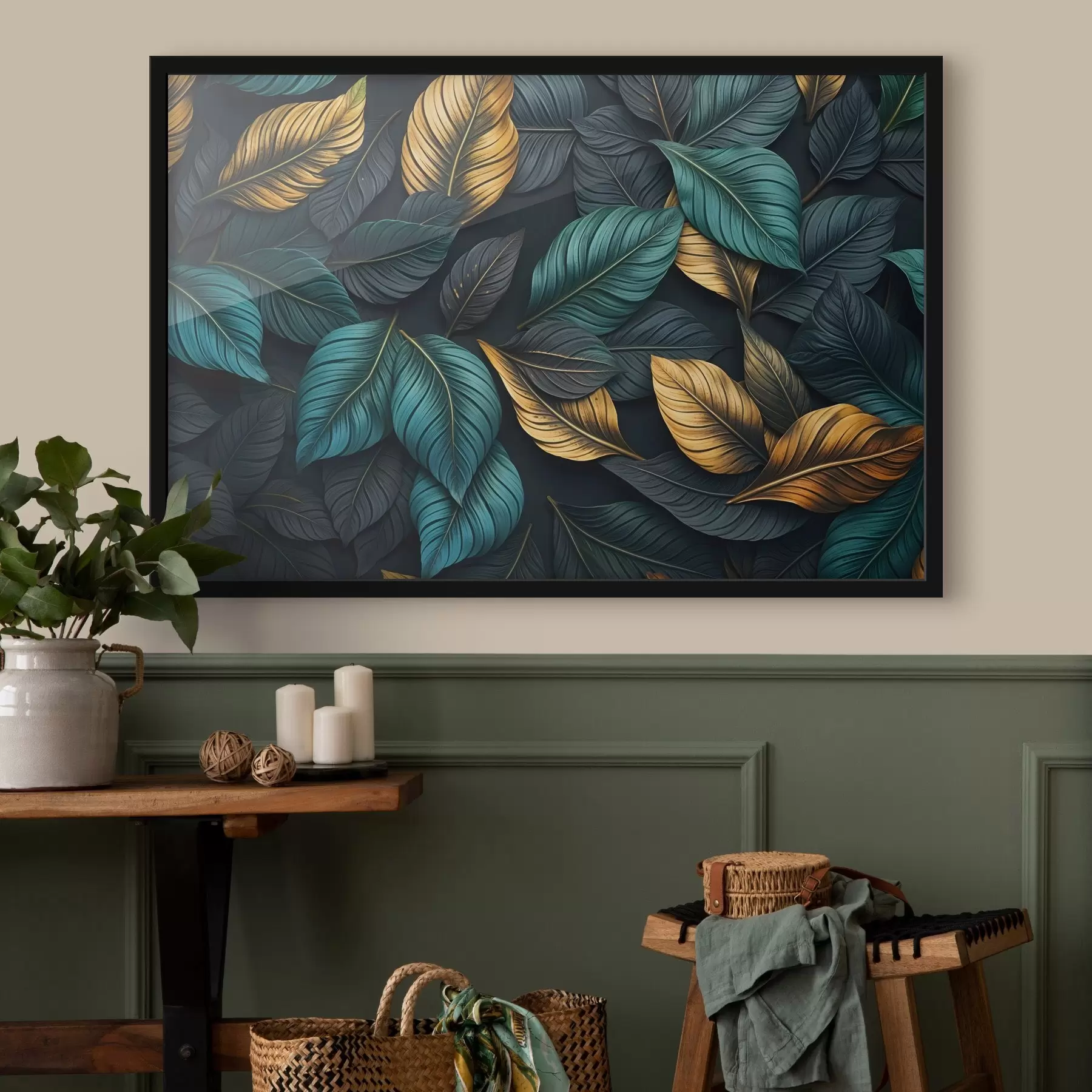 murales de pared Hojas verde oscuro, amarillo y negro con venas oscuras, en un fondo oscuro, elegante ambiente tropical f43164