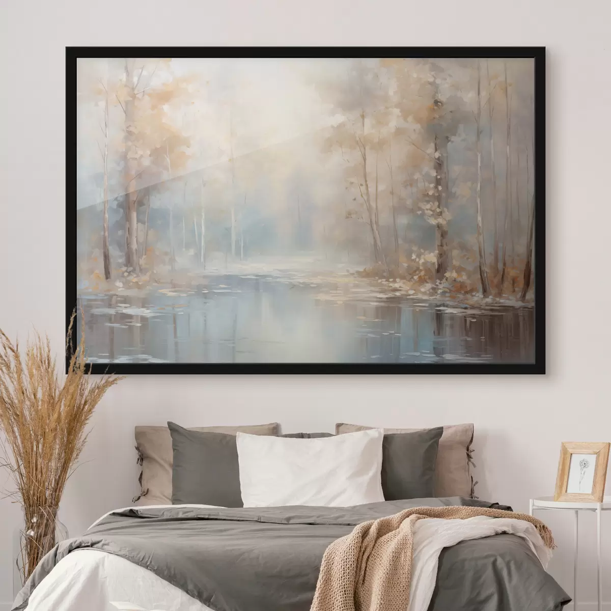 Poster Paisaje al óleo imitación de un río tranquilo que refleja la suave luz, rodeado de árboles otoñales f43167