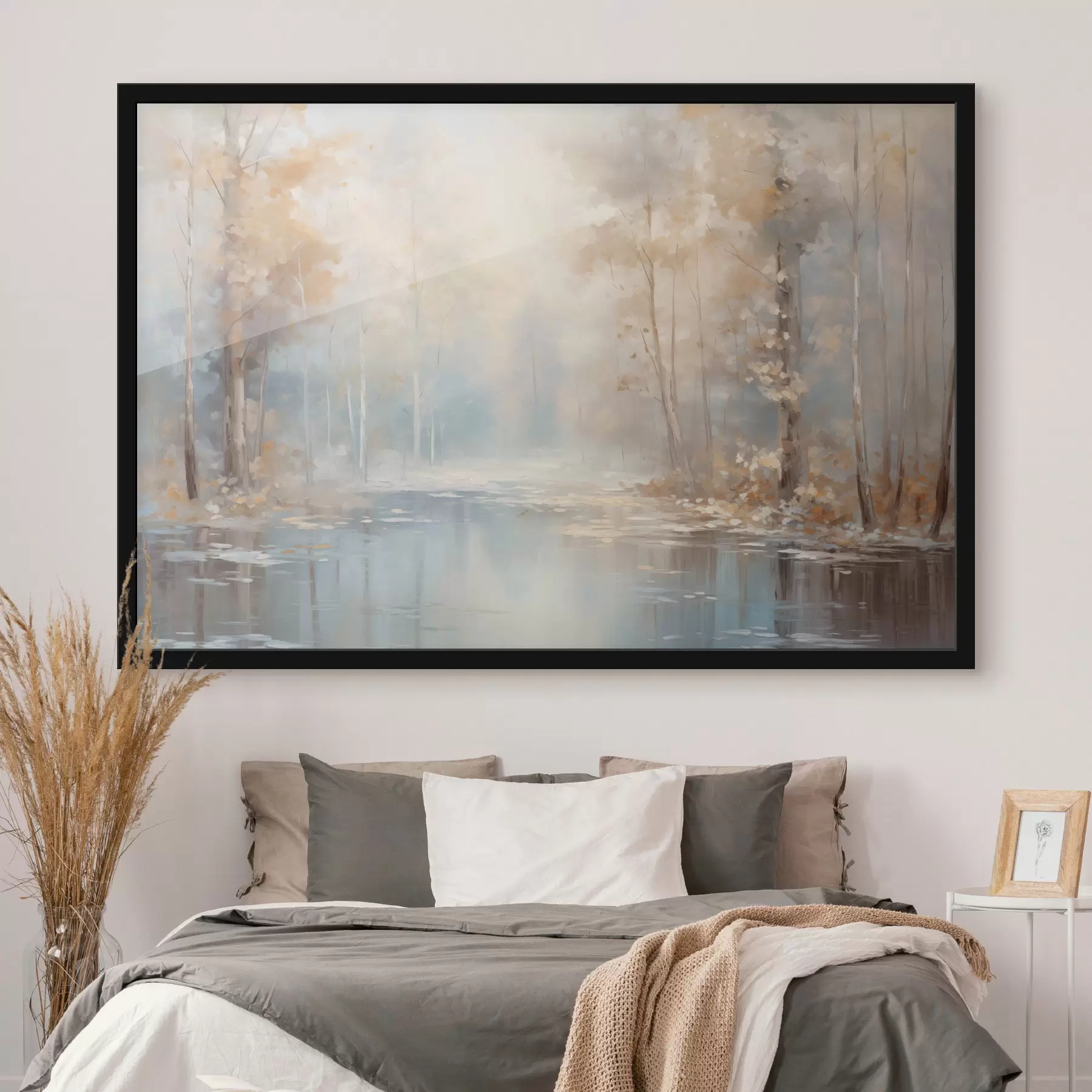 murales de pared Paisaje al óleo imitación de un río tranquilo que refleja la suave luz, rodeado de árboles otoñales f43167