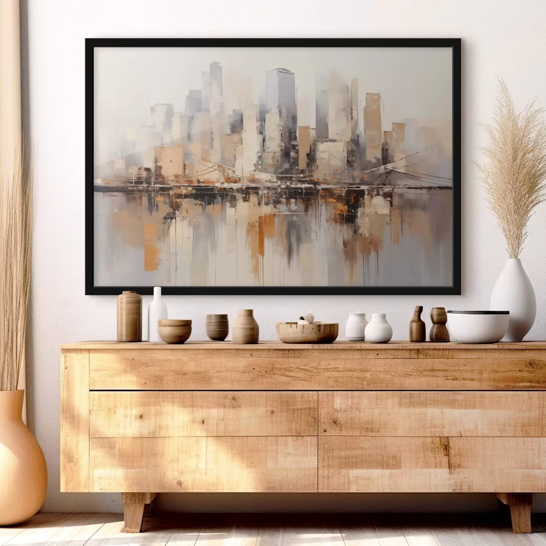 murales de pared Paisaje urbano abstracto con edificios altos en tonos marrones, grises y blancos, reflejados en el agua f43168