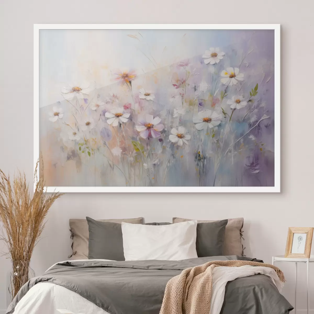 Poster Campo abstracto texturizado de flores blancas y rosas, suaves colores pastel, delicadas pinceladas, prado floral f43170