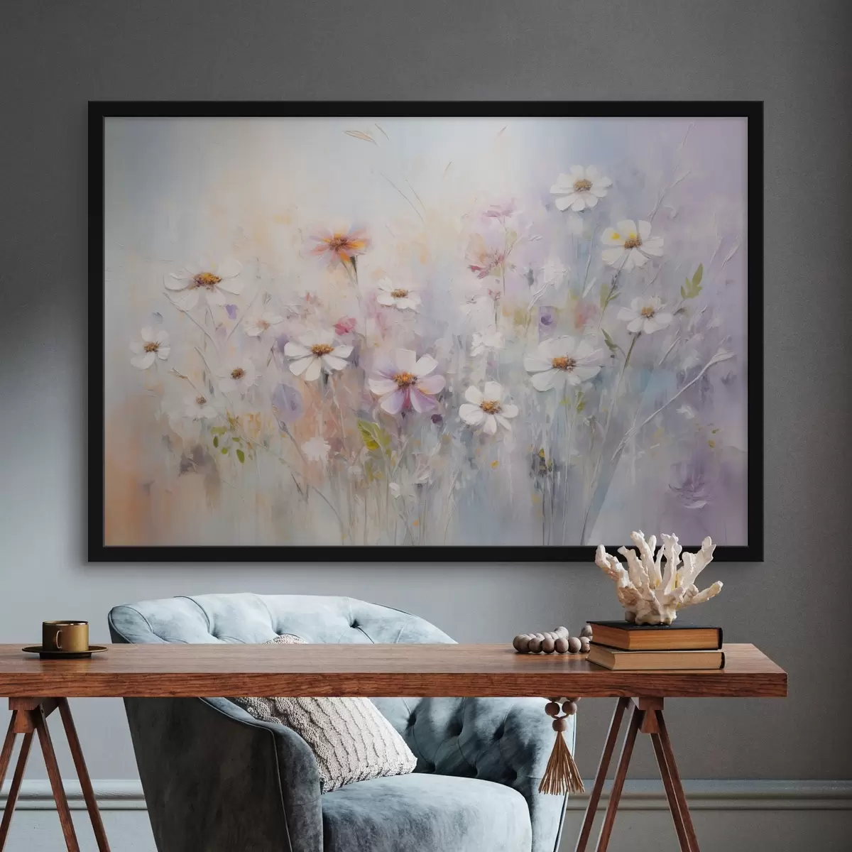 Poster Campo abstracto texturizado de flores blancas y rosas, suaves colores pastel, delicadas pinceladas, prado floral f43170