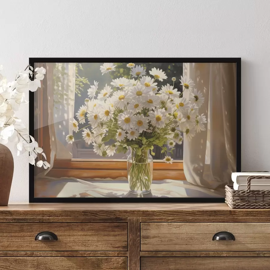 murales de pared Pintura al óleo imitación de un jarrón con margaritas blancas en el alféizar de una ventana, día soleado, paleta de colores cálidos f43171