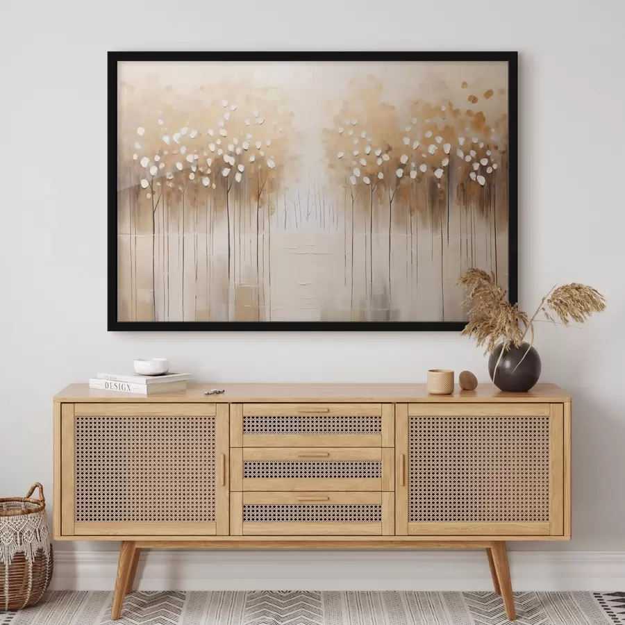 murales de pared Pintura al óleo imitación de árboles marrones con hojas blancas en un bosque con un río en el centro, fondo blanco f43172