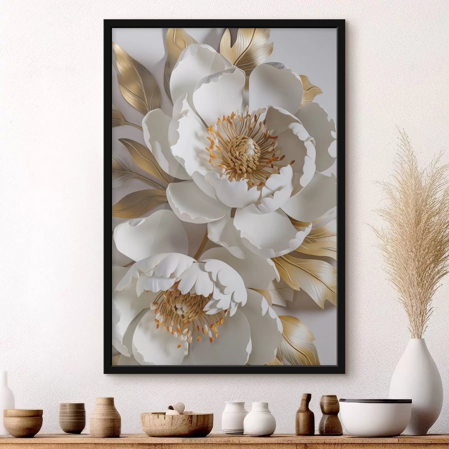 murales de pared Flores decorativas de peonía blancas y delicadas con hojas amarillas, el fondo es de color gris claro f43176