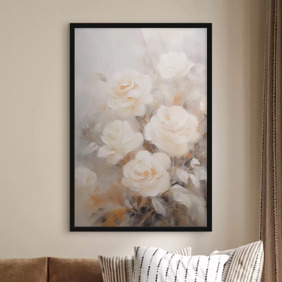 Poster Rosas blancas de pétalos suaves, con un fondo de colores apagados y formas difuminadas, creando un efecto de ensueño f43177