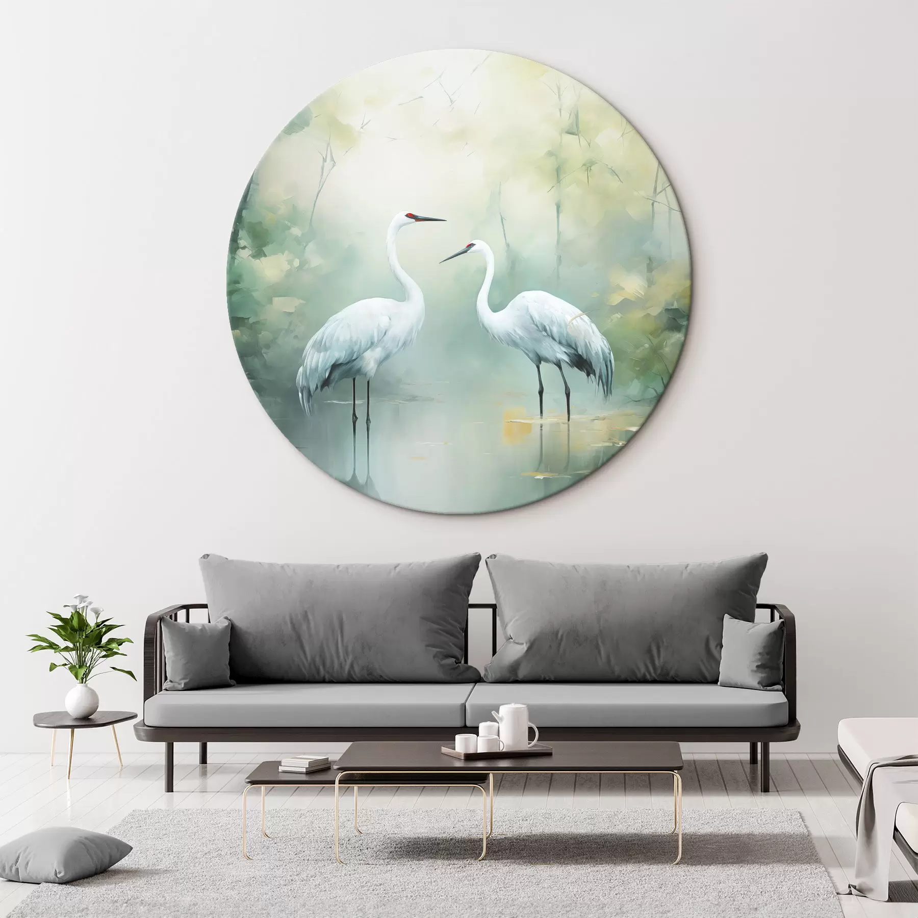 murales de pared Dos grullas blancas de pie en un estanque , rodeado de un frondoso bosque verde con iluminación suave y difusa r43166