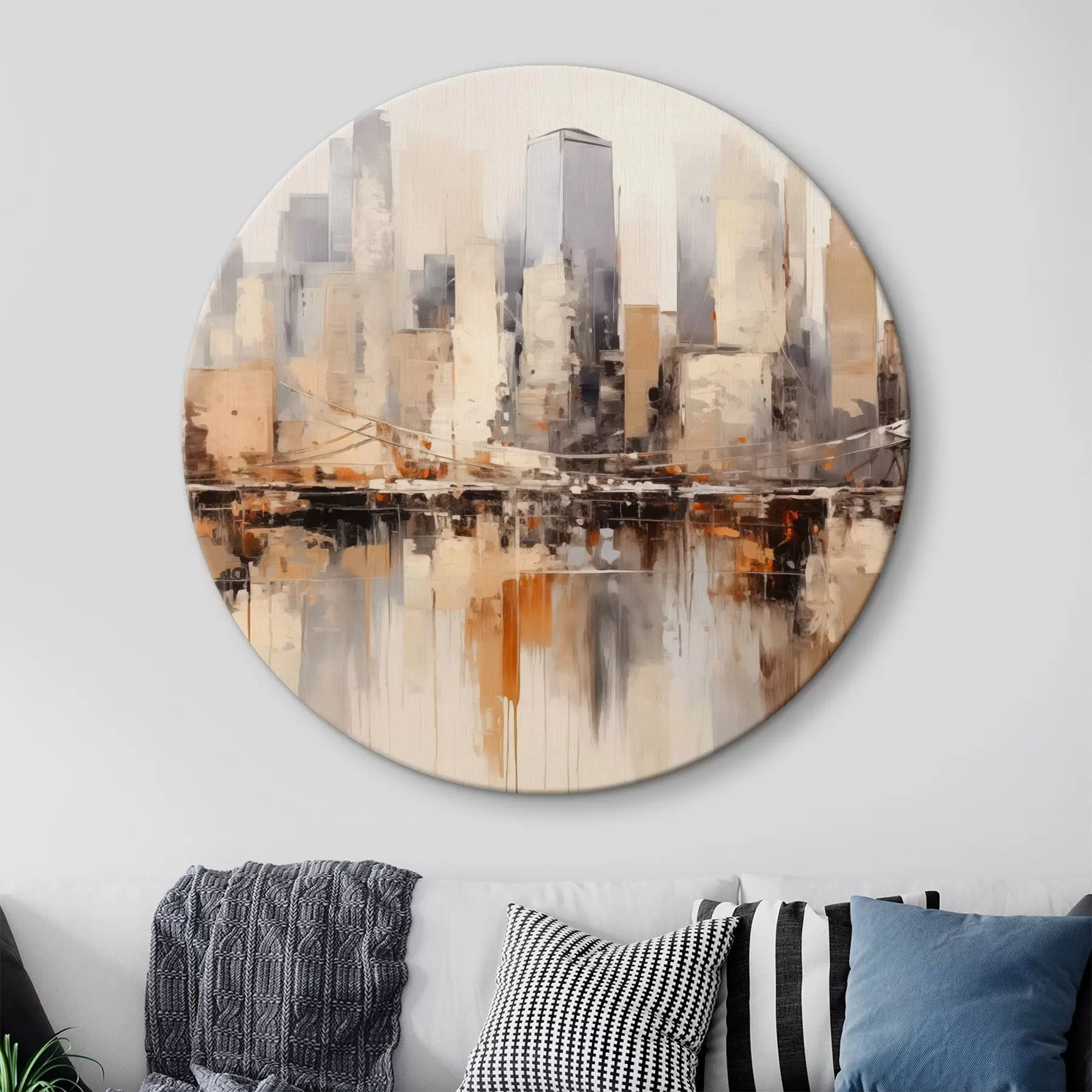 murales de pared Paisaje urbano abstracto con edificios altos en tonos marrones, grises y blancos, reflejados en el agua r43168