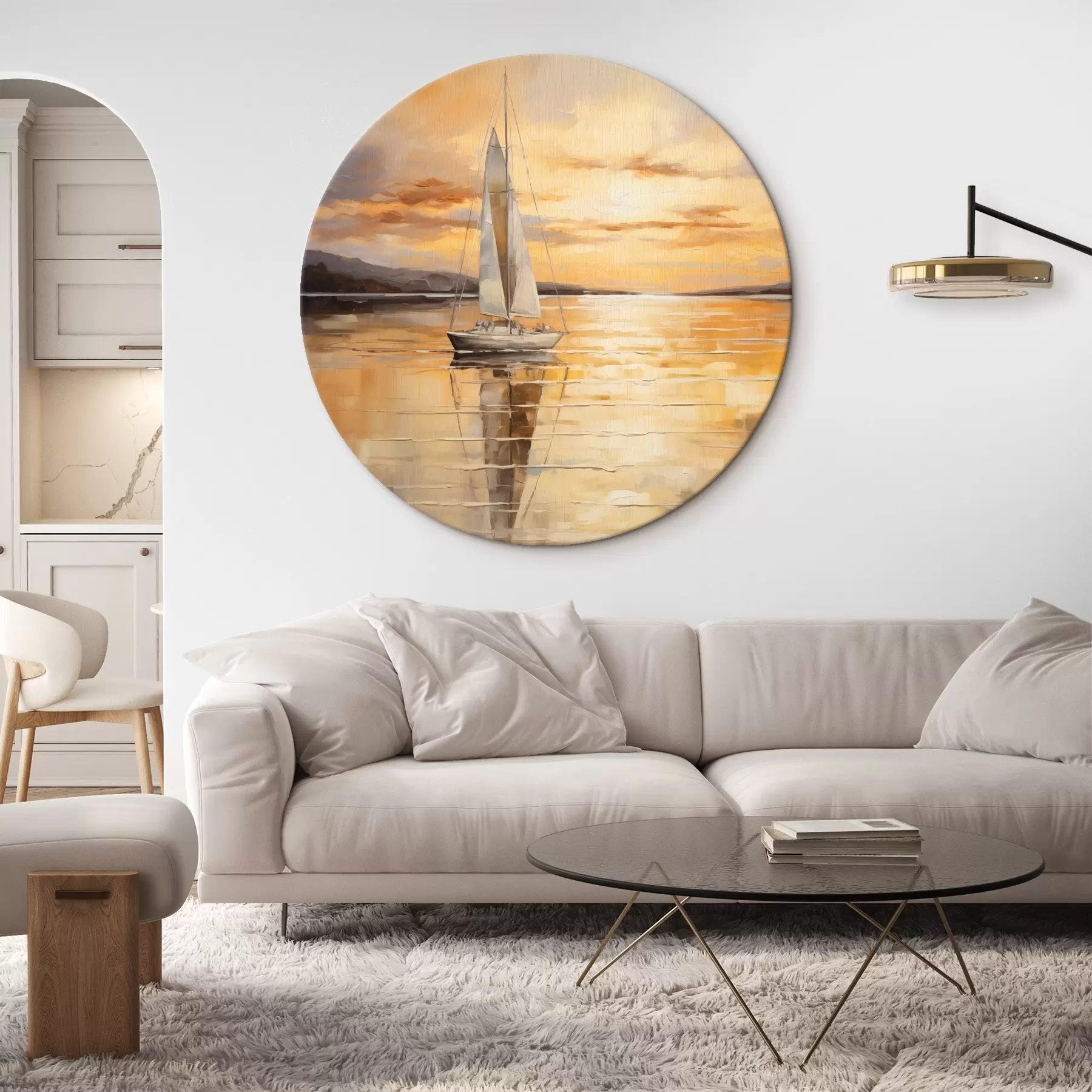 murales de pared Cuadro de paisaje con un velero en un mar tranquilo, cielo naranja y amarillo, montañas lejanas r43169