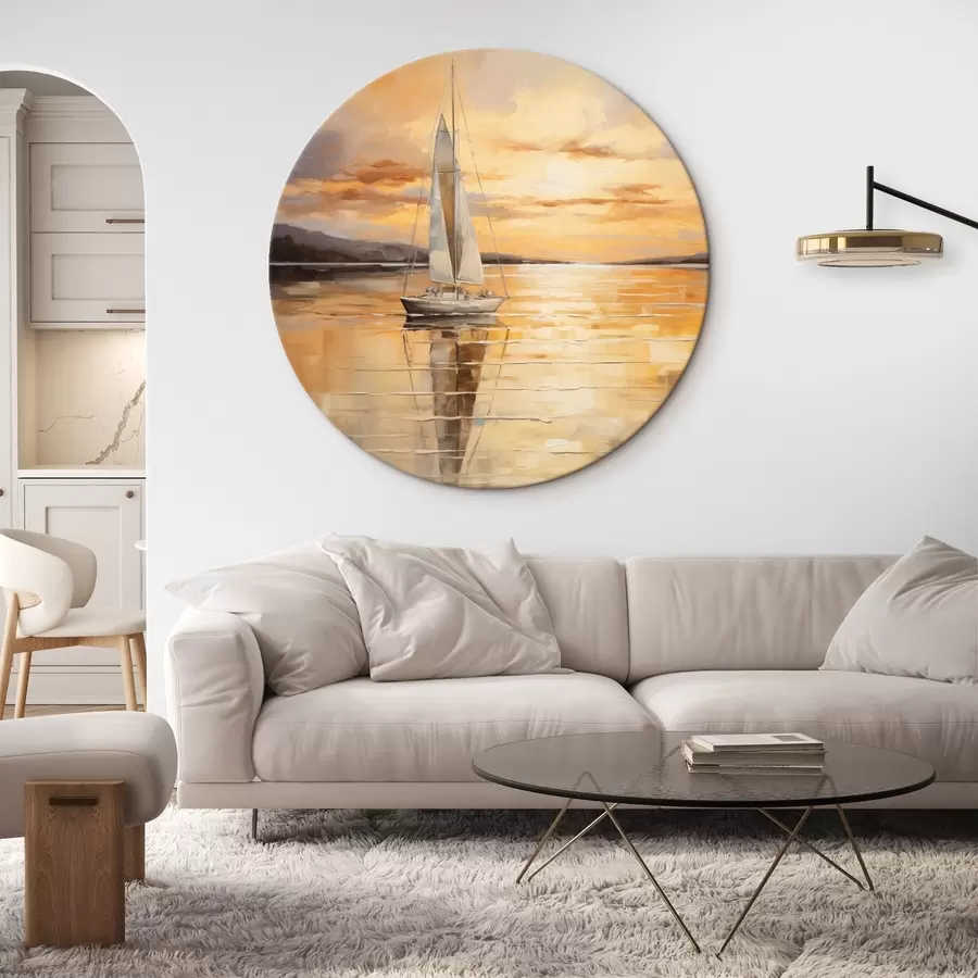 murales de pared Cuadro de paisaje con un velero en un mar tranquilo, cielo naranja y amarillo, montañas lejanas r43169