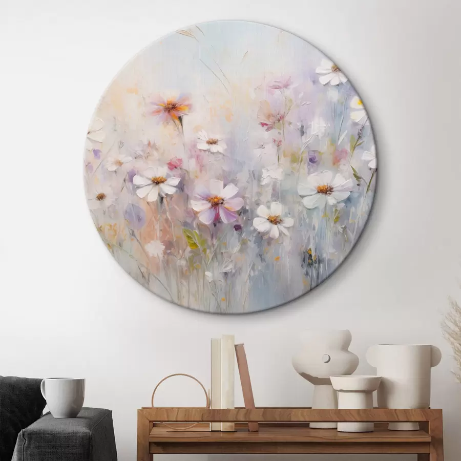 murales de pared Campo abstracto texturizado de flores blancas y rosas, suaves colores pastel, delicadas pinceladas, prado floral r43170