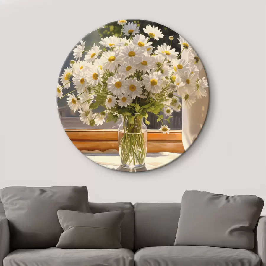 murales de pared Pintura al óleo imitación de un jarrón con margaritas blancas en el alféizar de una ventana, día soleado, paleta de colores cálidos r43171