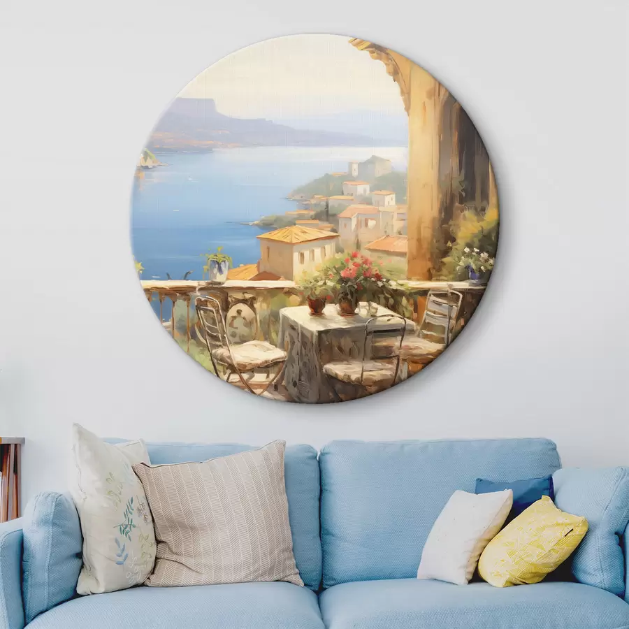 murales de pared Pintura al óleo imitación de balcón con flores, con vistas al mar, casas en la costa, día soleado, cielo azul r43173