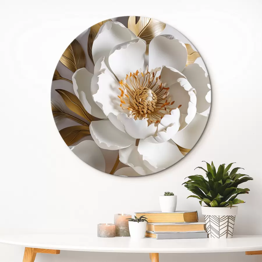 murales de pared Flores decorativas de peonía blancas y delicadas con hojas amarillas, el fondo es de color gris claro r43176