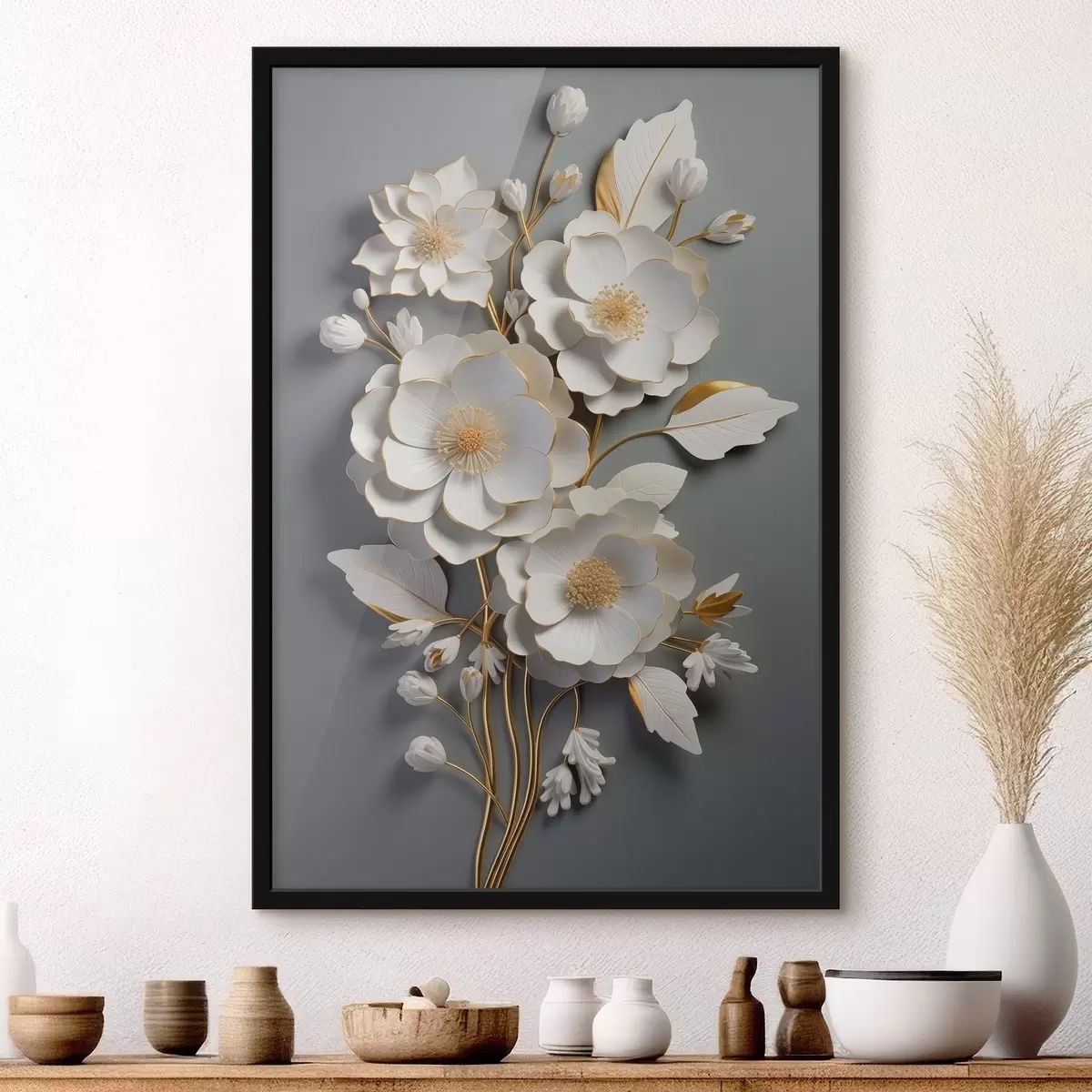 Poster Flores volumétricas sobre fondo gris f43128