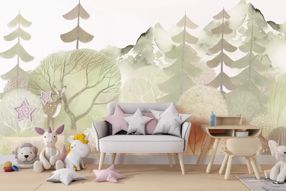 murales de pared Un sereno paisaje forestal en tonos pastel w03257