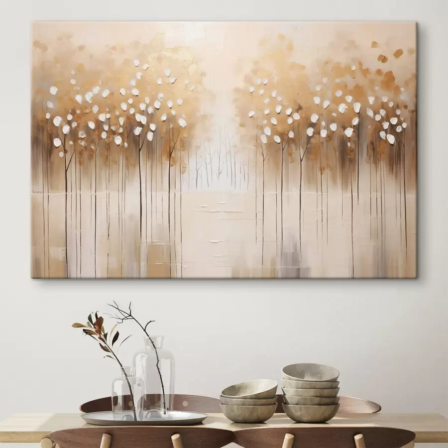 murales de pared Pintura al óleo imitación de árboles marrones con hojas blancas en un bosque con un río en el centro, fondo blanco s43172