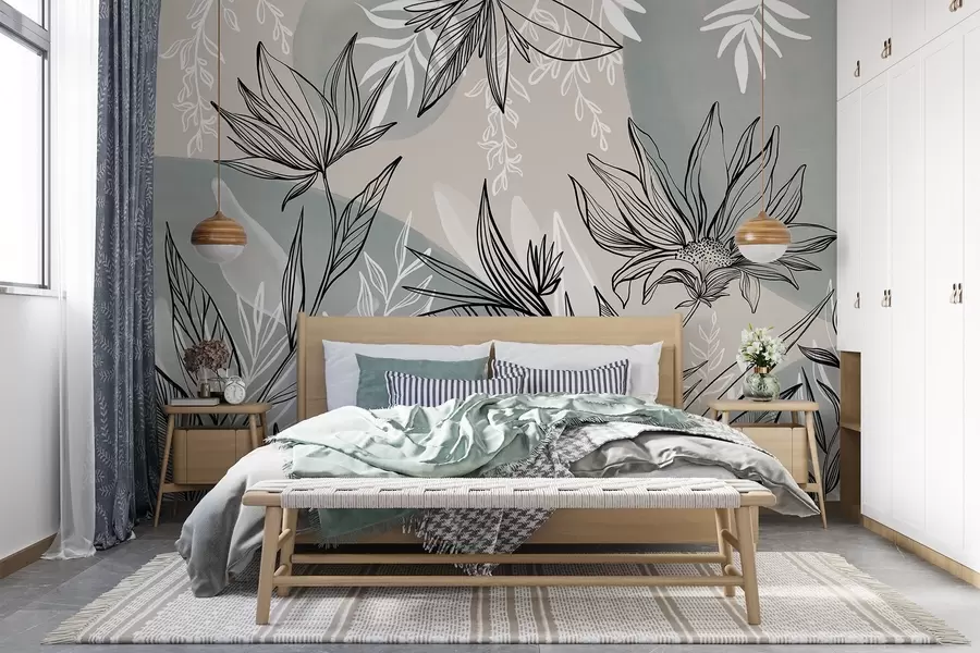 murales de pared Línea floral con grandes hojas y flores sobre un fondo de acuarela beige y azul  w08865