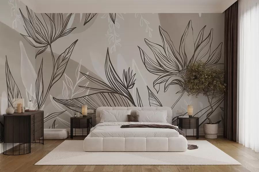murales de pared Línea floral con grandes hojas y flores sobre un fondo de acuarela beige  w08865v1
