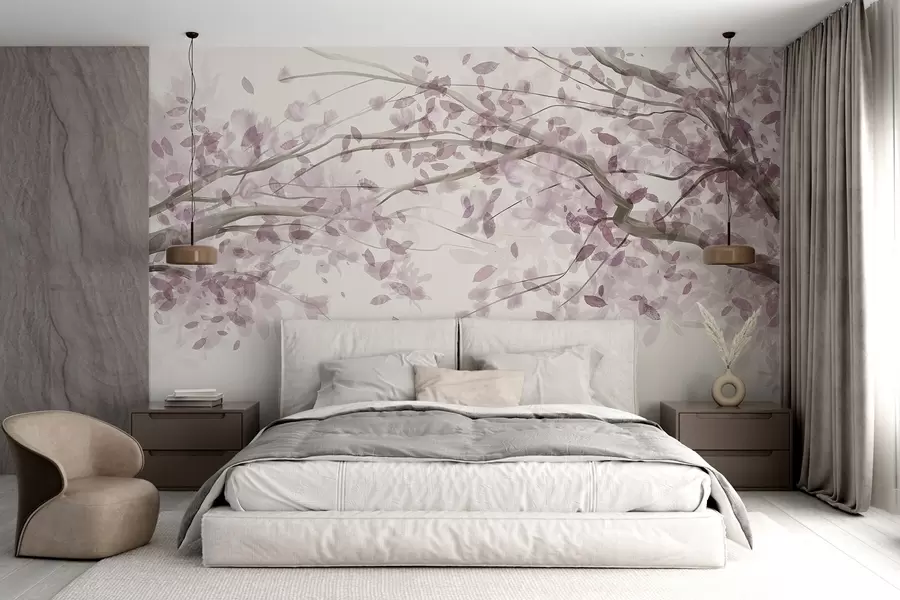 murales de pared Ramas en flor con hojas rosas, colores suaves, detalles delicados, estilo acuarela, sobre fondo claro w08867