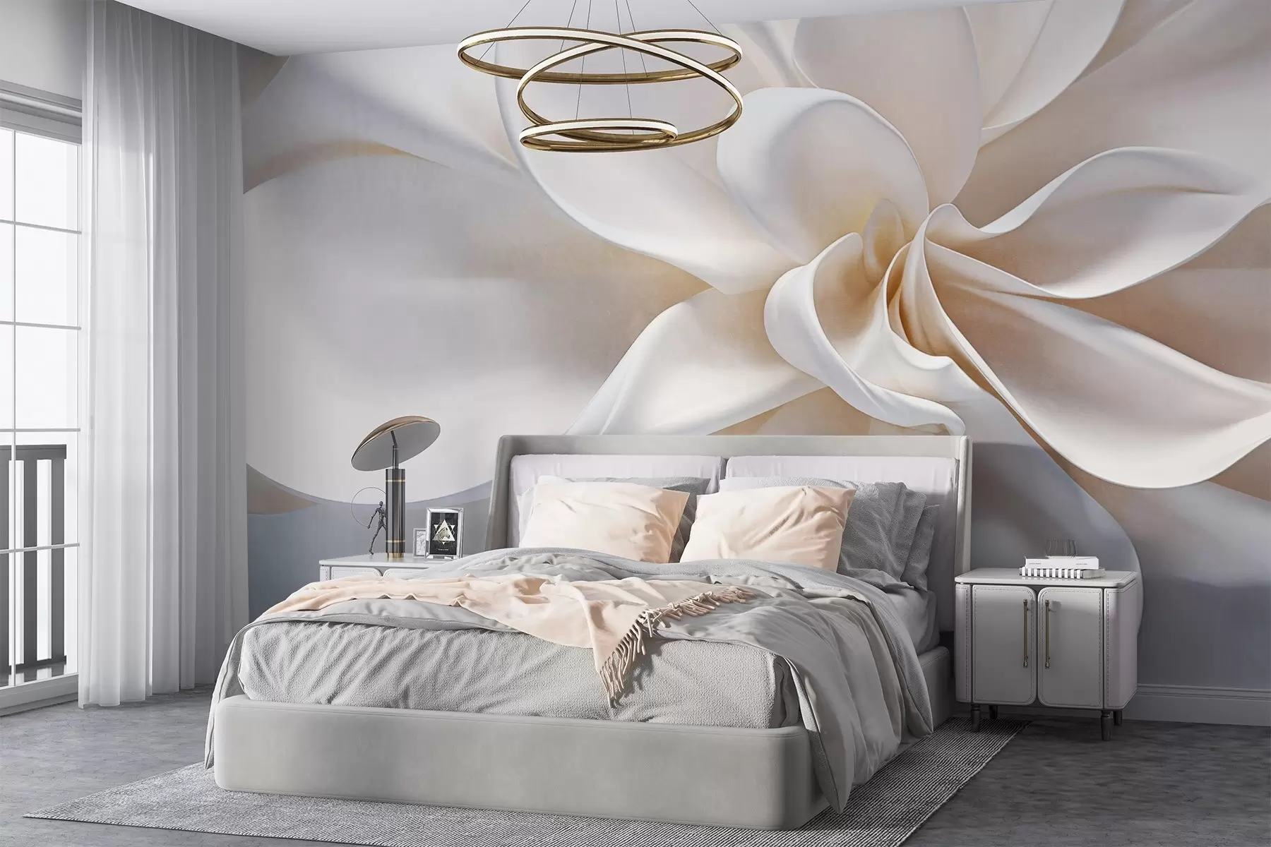 murales de pared Flor minimalista de textura pastel con pétalos suaves, ligera y aireada, sobre fondo blanco w08868