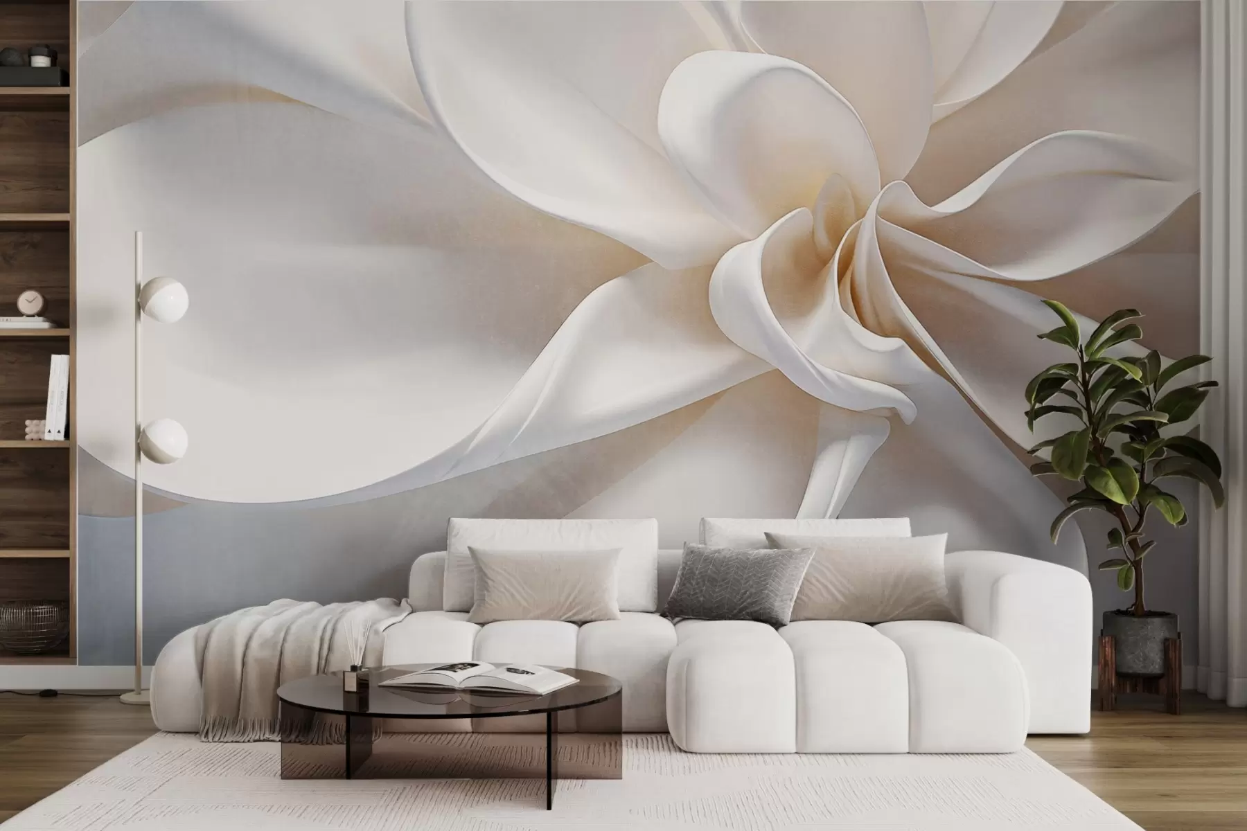 murales de pared Flor minimalista de textura pastel con pétalos suaves, ligera y aireada, sobre fondo blanco w08868