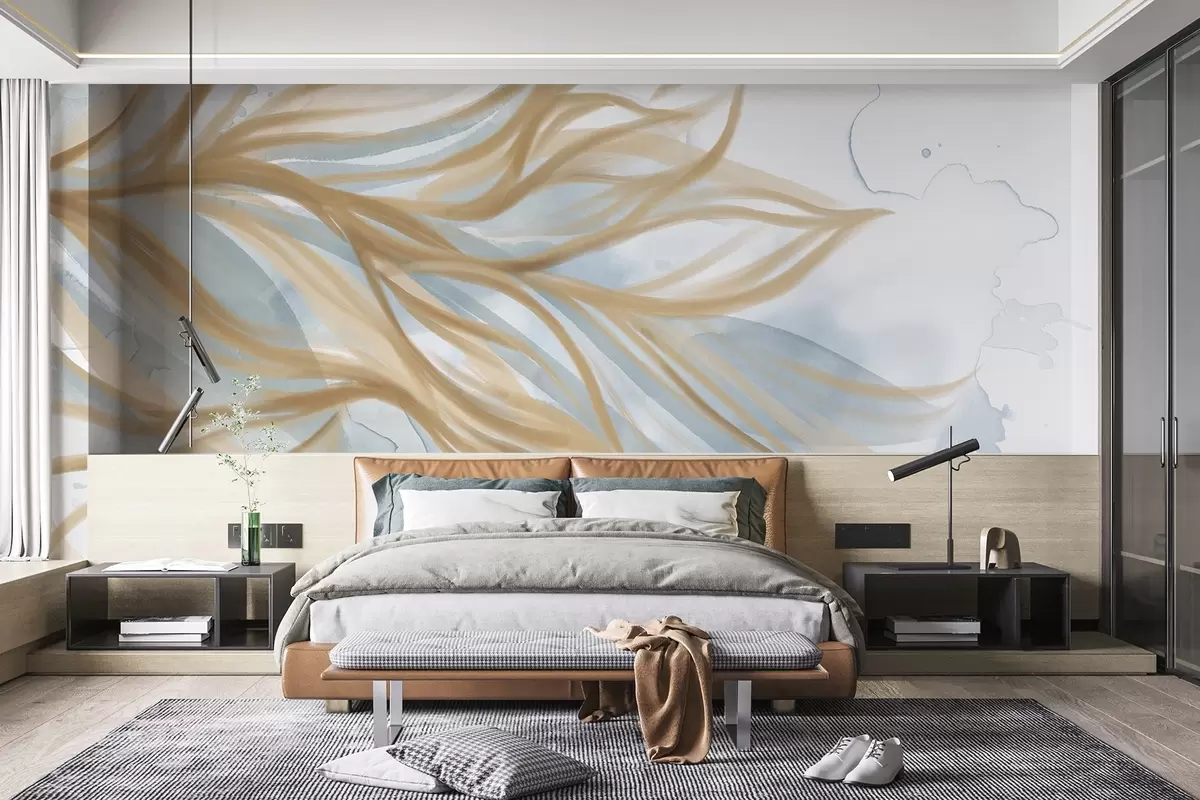 murales de pared Abstracto hojas amarillas con fondo de acuarela azul, suave y delicado, formas orgánicas, líneas fluidas w08871