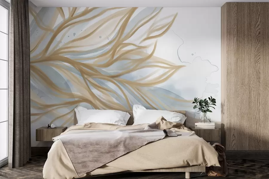 murales de pared Abstracto hojas amarillas con fondo de acuarela azul, suave y delicado, formas orgánicas, líneas fluidas w08871