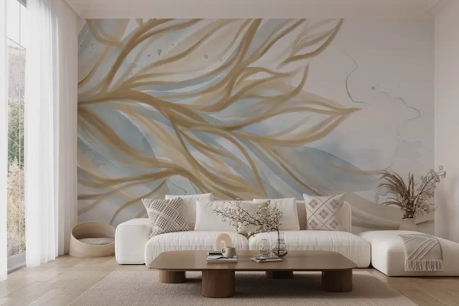 murales de pared Abstracto hojas amarillas con fondo de acuarela azul, suave y delicado, formas orgánicas, líneas fluidas w08871