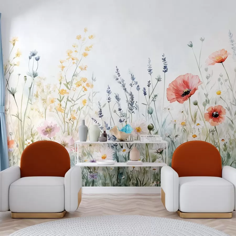 murales de pared flores silvestres y amapolas en la técnica de los trazos w03281