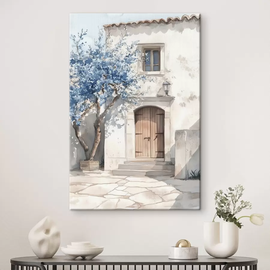 murales de pared Casa griega con hermoso árbol, arquitectura, estilo acuarela s43178