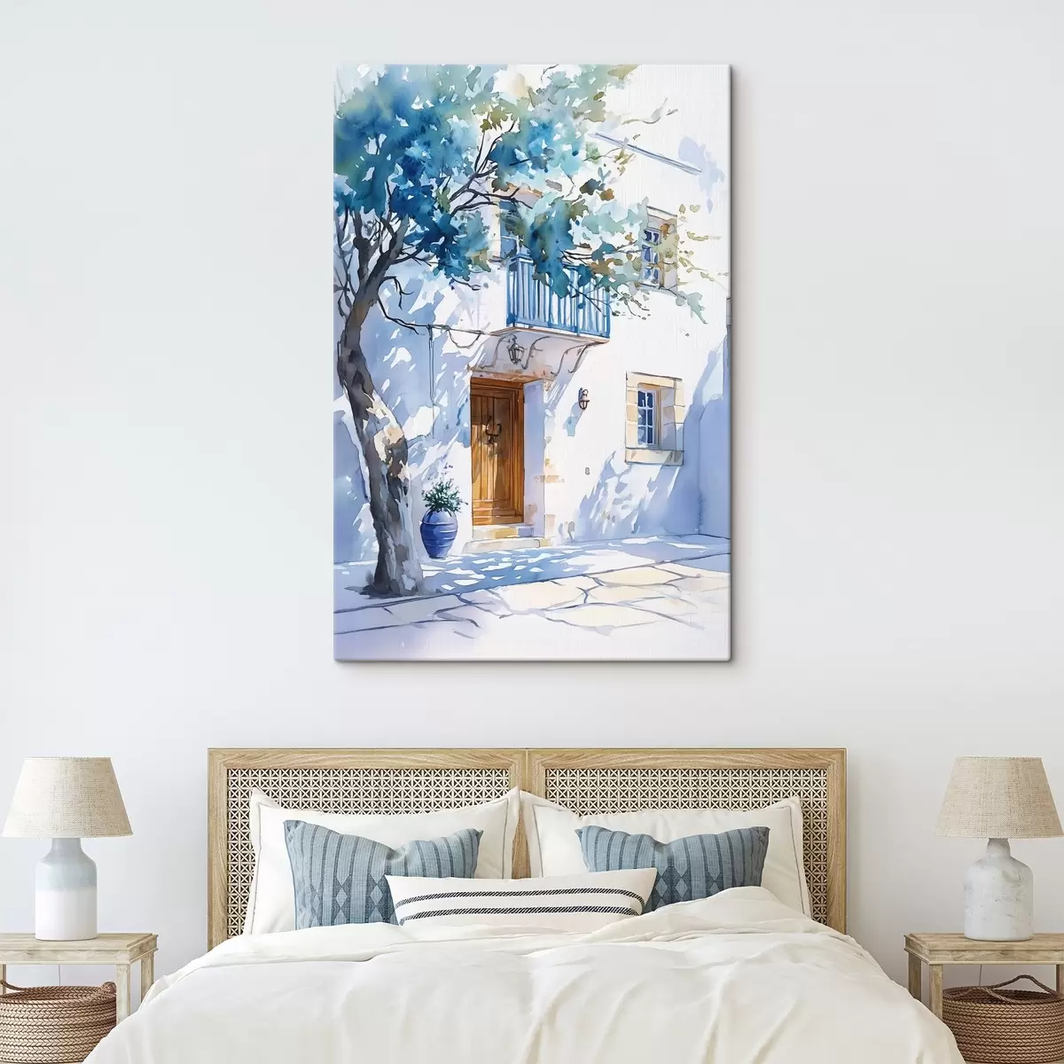 murales de pared Estilo acuarela, casa griega, árbol en flor, arquitectura  s43182